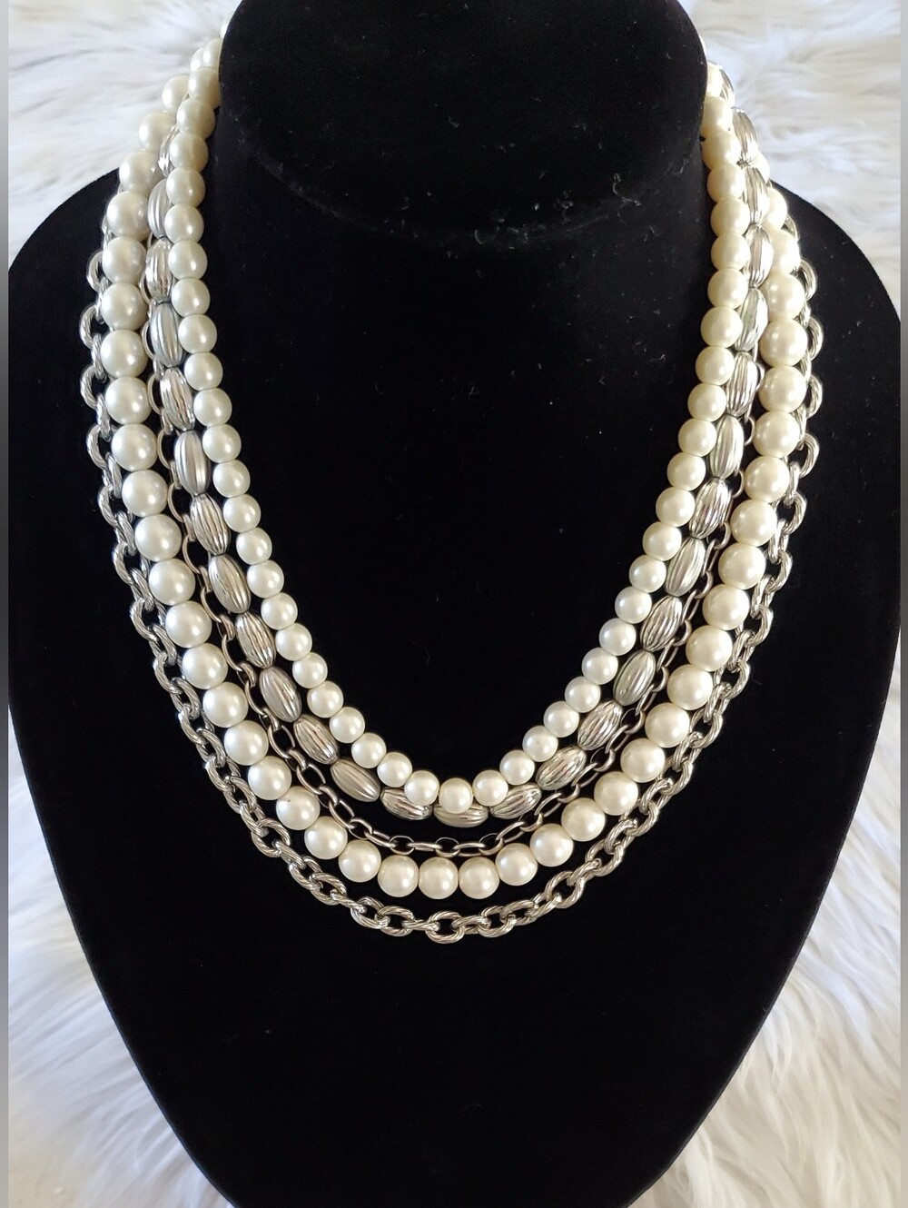 ​WHBM Multi-Strand Faux Pearl & Silver Chain Bead Statement Bib Necklace